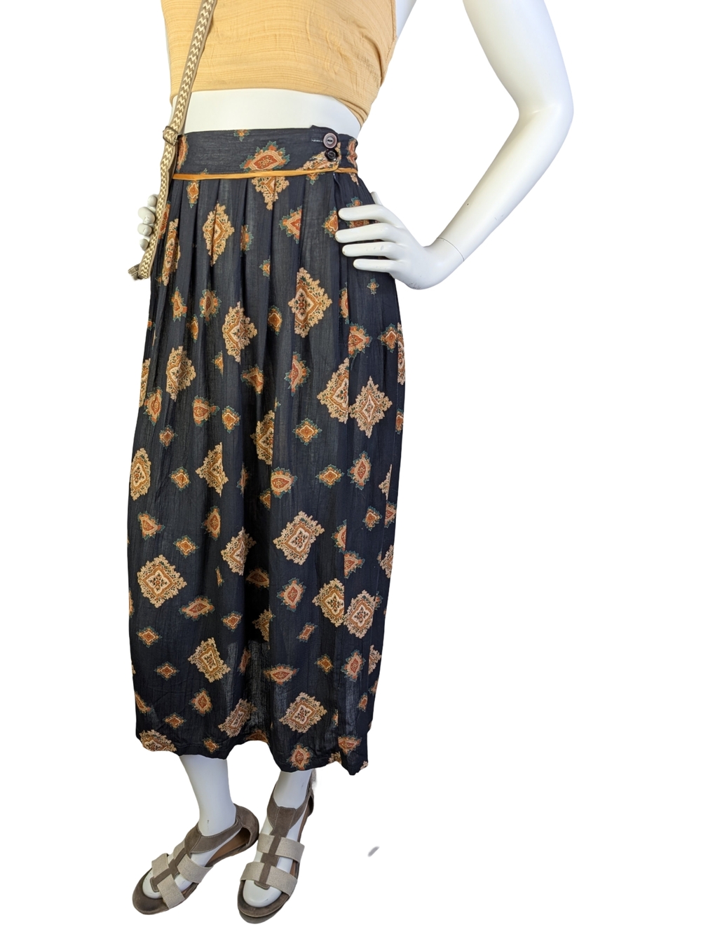 Vintage 90s Black Medallion Print Boho Midi Skirt High Waist Size 14 - Picture 4 of 8